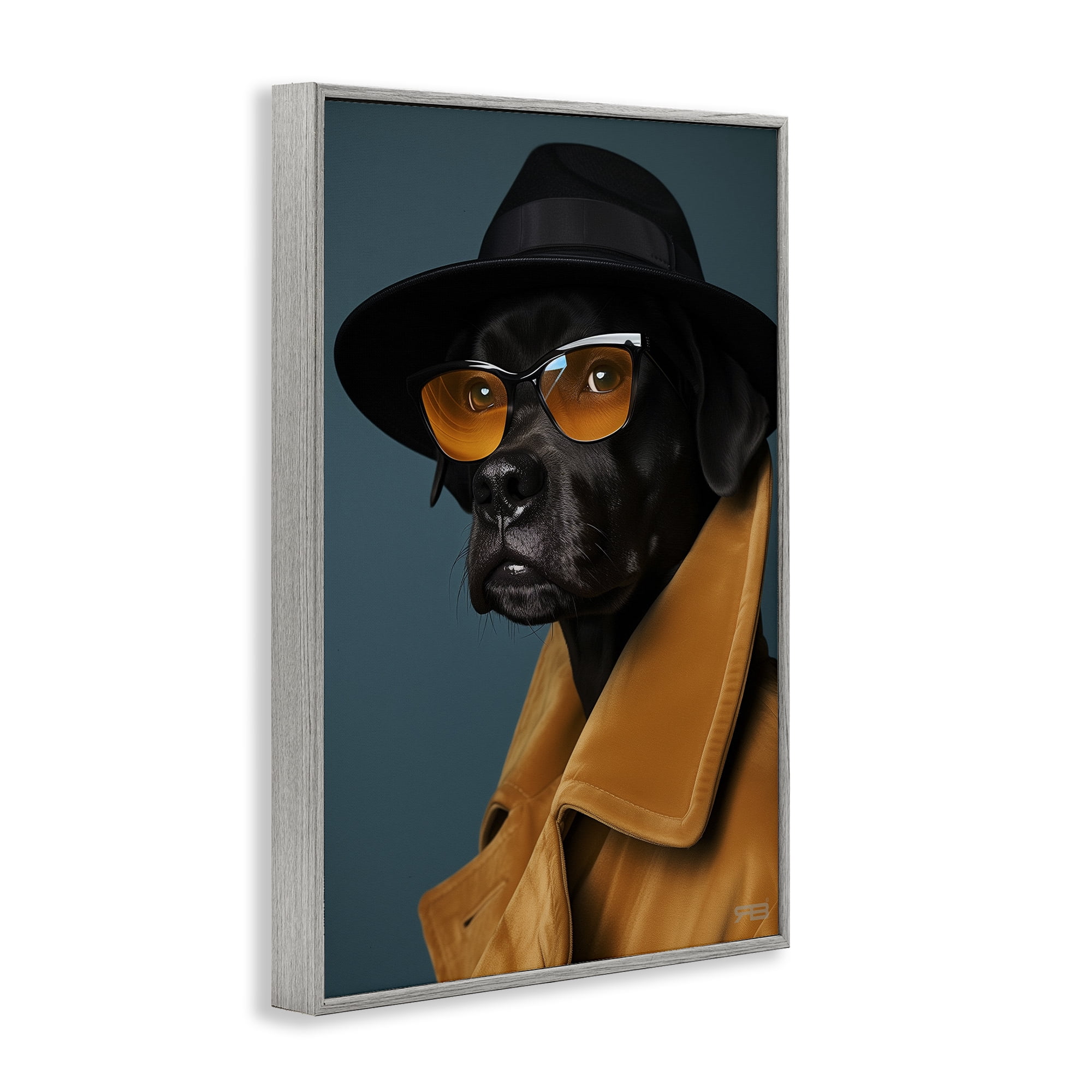 Stupell Industries Black Dog in Suit Animals & Insects Painting Gray Framed Art Print Wall Art, 12 x 18