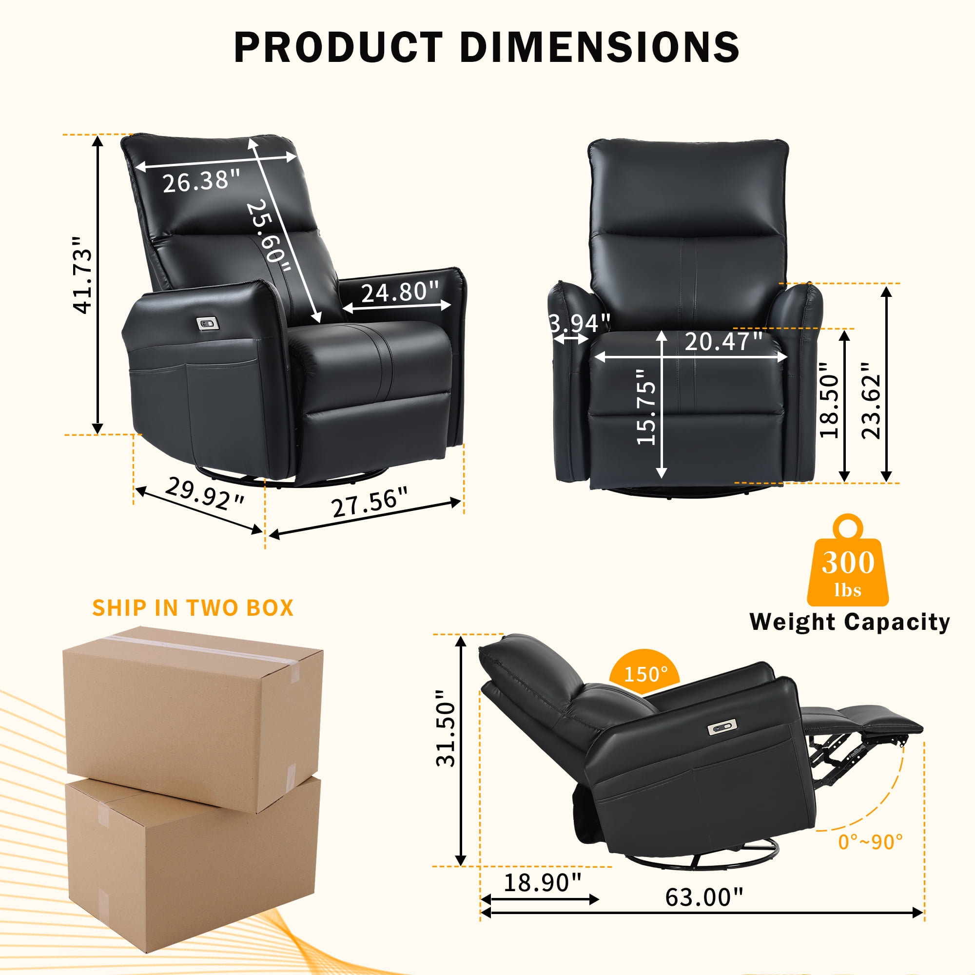 Swivel Recliner Chair, Electric&nbsp;Glider Rocker Recliner for Nursery, Power Recline Sofa Chair&nbsp;for Living Room, Bedroom, Black