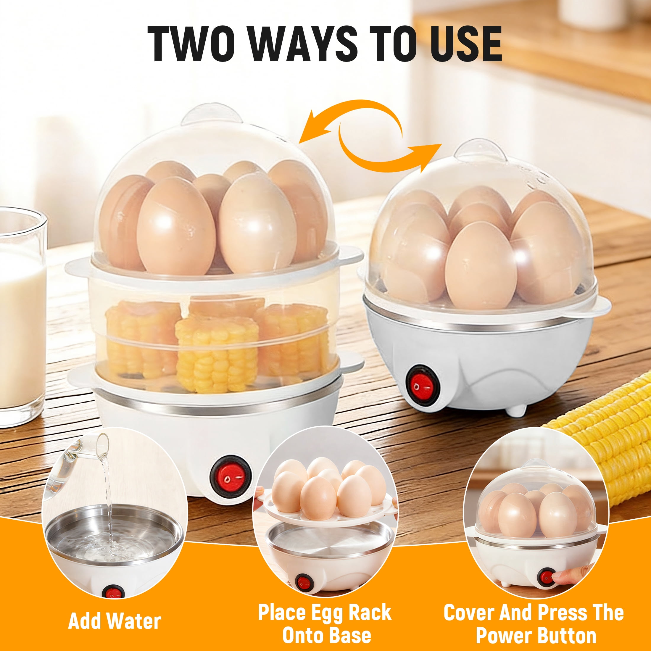GARITIN Electric Egg Cooker for Hard Boiled Eggs, Poacher Eggs, Omelet Maker & Vegetable Steamer, 14 Egg Double-Tier, Auto Shut Off Boiled Egg Maker, White