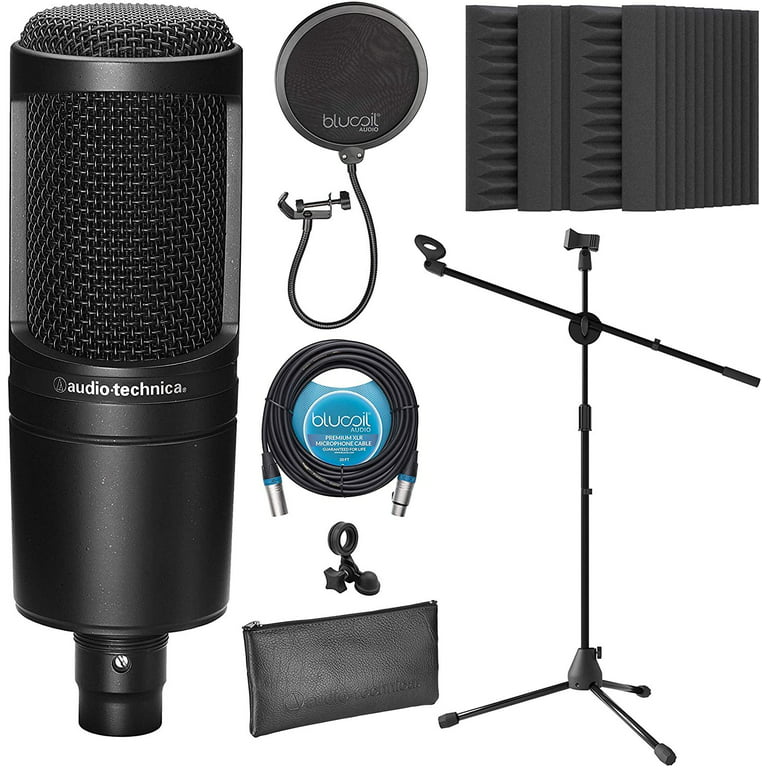 Audio-Technica AT2020 Cardioid Condenser Microphone for Vocals, Podcasting,  Livestreaming for Bundle with Blucoil 20-FT Balanced XLR Cable, Pop Filter,  Adjustable Mic Stand, and 4x 12 Acoustic Wedges 