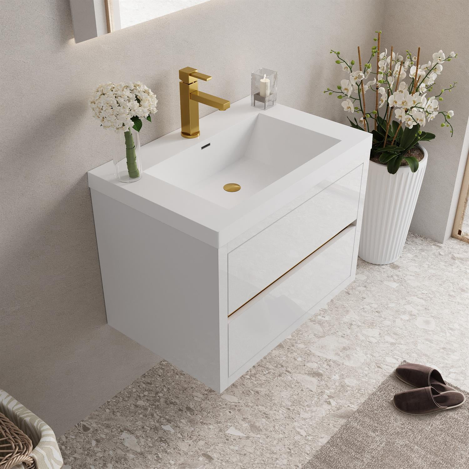 Demi Bonn 29" Wall-Mounted Bathroom Vanity with Sink, Stone Resin Countertop and 2 Soft Close Drawers, Faucets and Drains Not Included, White