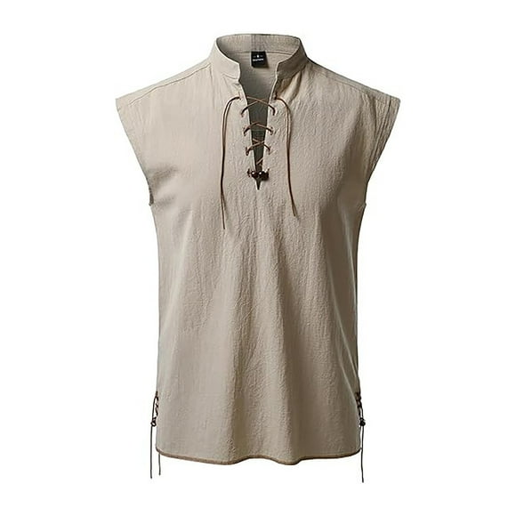 2025 Camisa hippie de playa sin mangas para hombre - Mezcla de lino, cuello alto, ligera - Boho veraniego, S-XXL