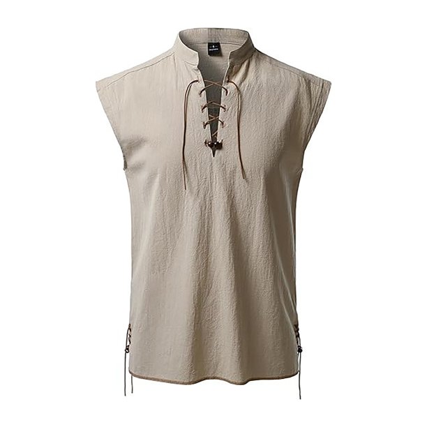 2025 Camisa hippie de playa sin mangas para hombre - Mezcla de lino, cuello alto, ligera - Boho veraniego, S-XXL