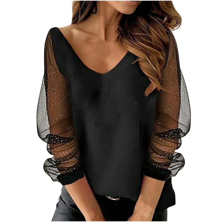 Hfyihgf Women's Casual V Neck Tops Long Sleeve T Shirts Sequin Sheer Mesh  Patchwork Blouses and Tops Club Outfits（Black,XXL)