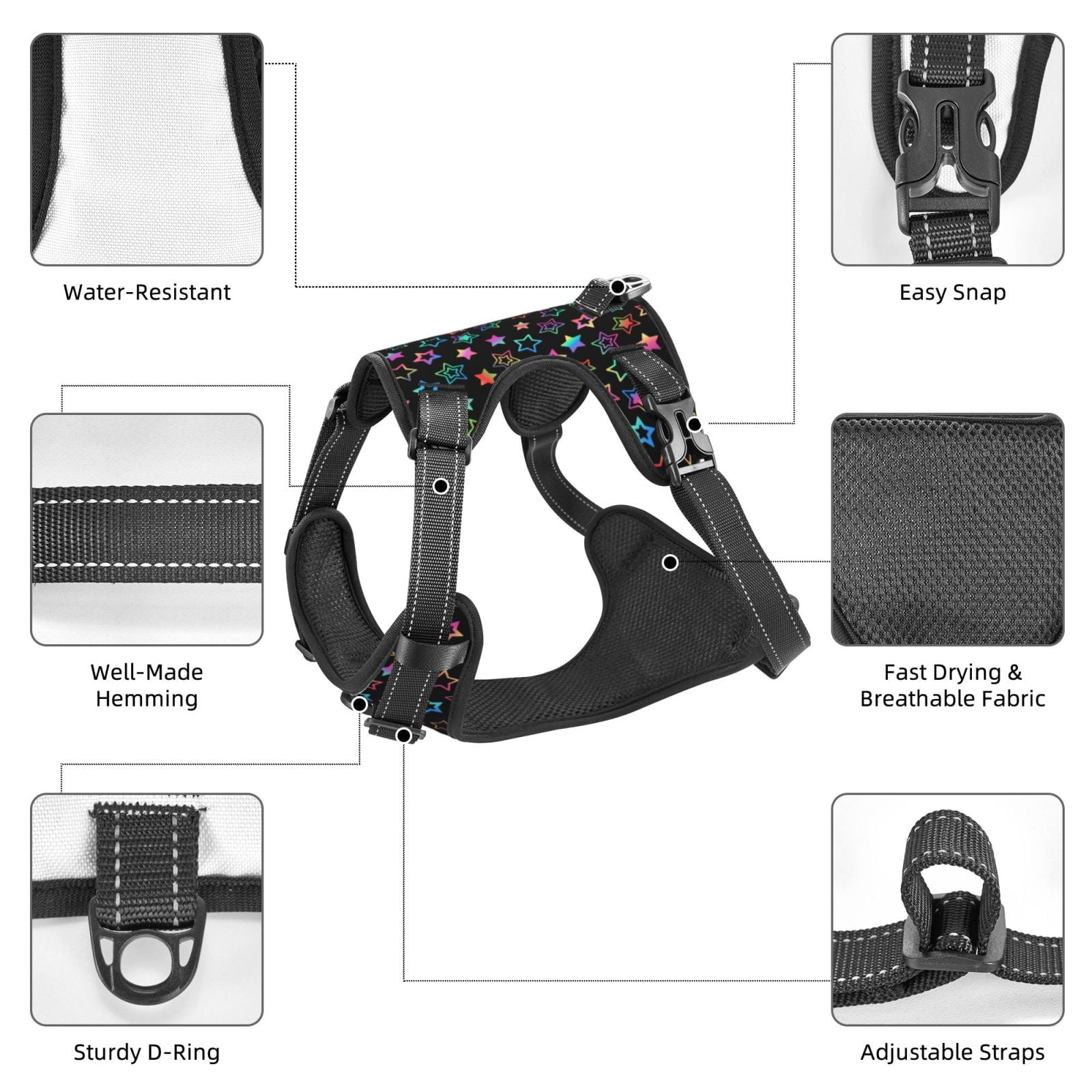 Kdxio Multi-Colored Stars Print No Pull Dog Harness Adjustable Reflective Oxford Easy Control Medium Large Dog Harness for Training and Everyday-Medium