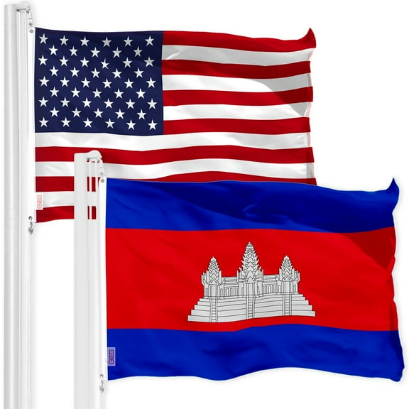 G128 Combo Pack: American USA Flag 3x5 Ft & Cambodia Flag 3x5 Ft, Both Printed 150D Polyester, Indoor/Outdoor, Brass Grommets