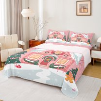 Manfei Cartoon Pink Cabin Queen Sheet Sets, Merry Christmas Flat Sheet, Teens Kids Girls Child Queen Fitted Sheet, Luxury Bedroom Decor, 4 Pieces