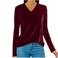 thumbnail image 3 of lcziwo Holiday Sales Velvet Tops for Women Long Sleeve Plus Size Long Sleeve Solid Color Undershirts Casual Lightweight V Neck Blouses,Wine,XXXL, 3 of 7
