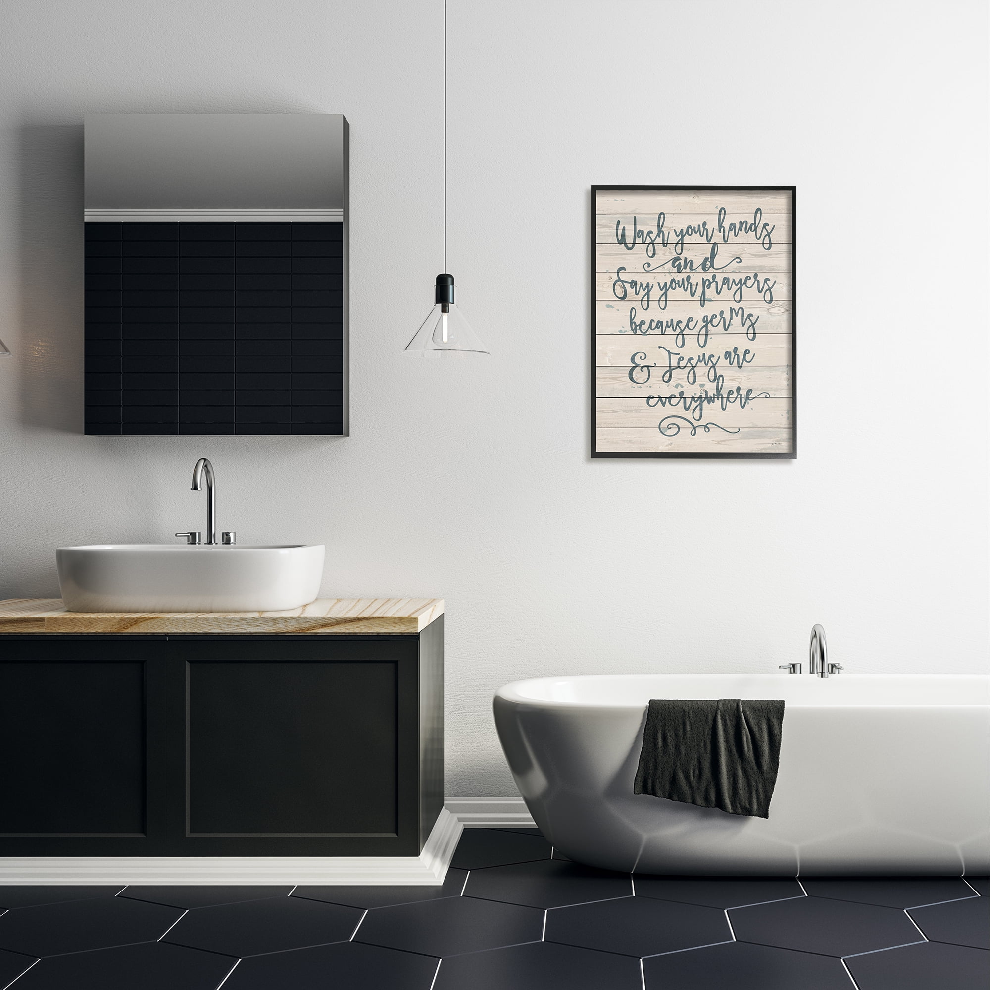 The Stupell Home Decor Collection Blue Script Germs and Jesus Cursive Planked Look Typography Black Framed Giclee Texturized Art