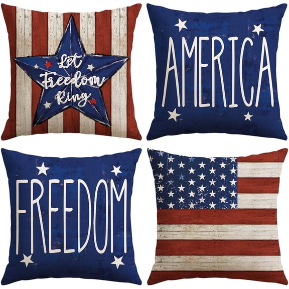 4th of July Patriotic Throw Pillow Covers 18x18 Inch Set of 4, Independence Memorial Day American Freedom Stars Stripes White Red and Blue Decoration Pillow Cases for Sofa Bed Room Home Decor