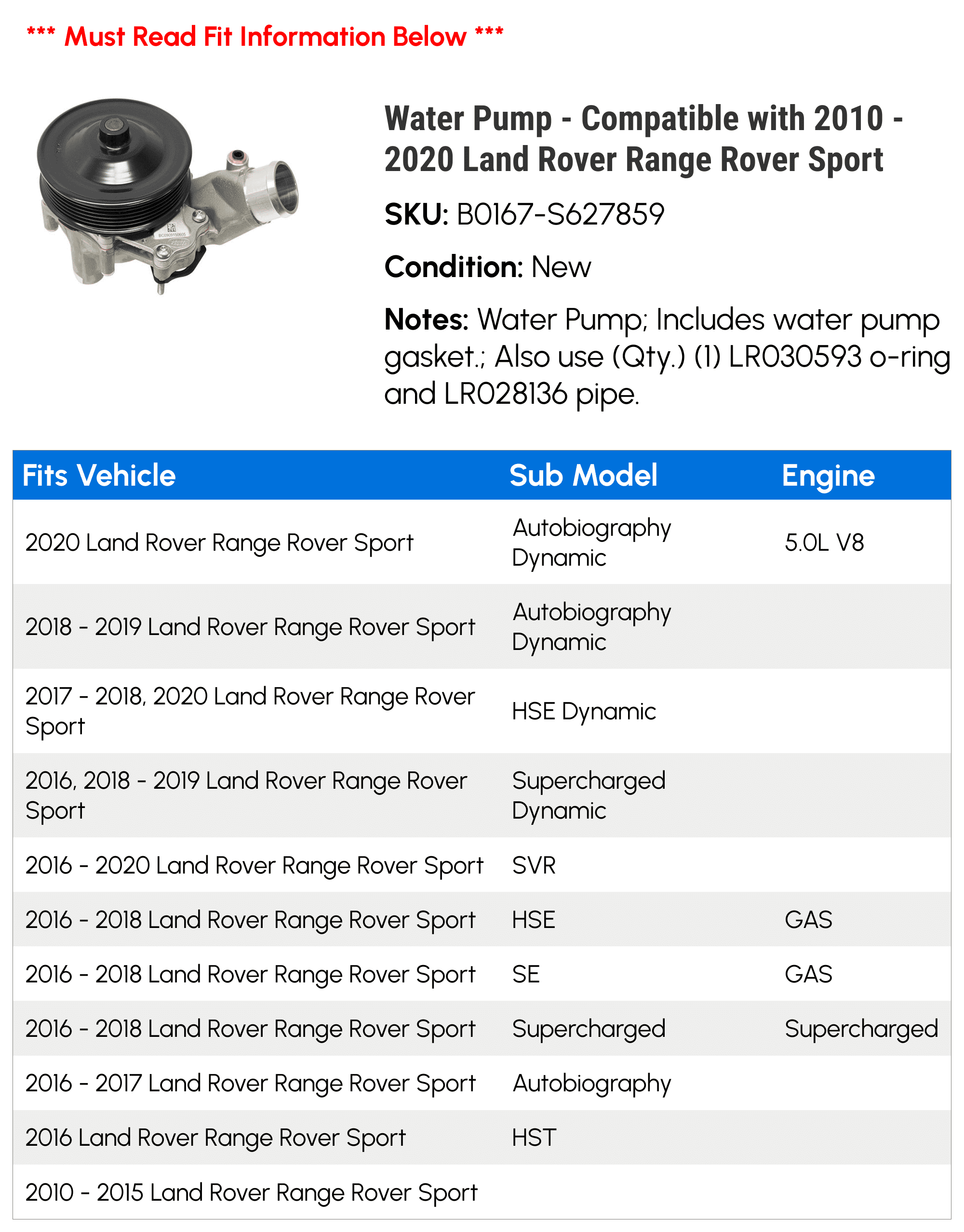 Water Pump - Compatible with 2010 - 2020 Land Rover Range Rover Sport 2011  2012 2013 2014 2015 2016 2017 2018 2019