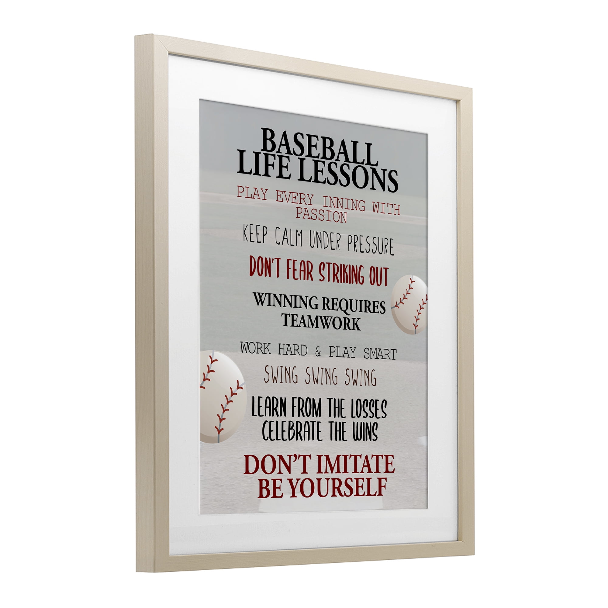 Baseball Life Lessons Birch Framed Print Under Glass, design by Kim Allen
