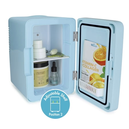 IONCHILL PERSONAL 6 CAN CHILLER LED LIGHTED MINI FRIDGE WITH MIRROR DOOR, BLUE