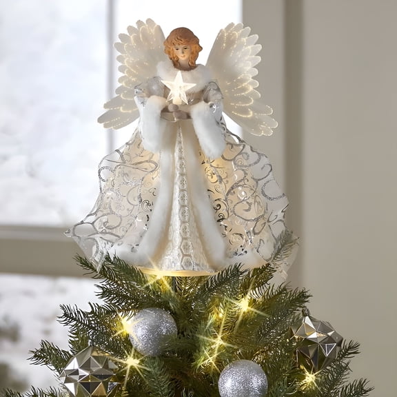 XIBUFE Christmas Angel Treetop Figurine 9.8 Inch Christmas Treetop for Christmas Tree Ornaments Angel Tree Topper Lighted for Christmas Tree Decorations Party Favors