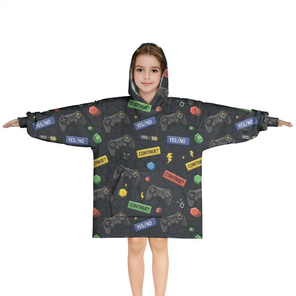 Black Controllers Games Icons Black Pattern Blanket Hoodies for Kids 6-13YR Oversize Wearable Blanket Hoodies for Boys Girls Teens