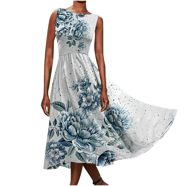 Pompotops Robe d'Été Mode Sans Manches Col Rond Imprimé Vintage pour Femmes