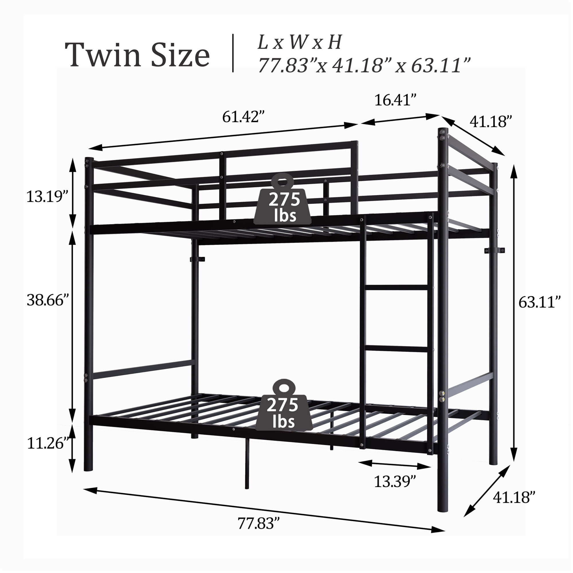 Leumius Bunk Bed Twin Over Twin Size with Ladder and Guardrail,Heavy Duty Metal Slats Support,No Box Spring Needed,Small Space Saving Furniture for Bedroom Dorm,Black