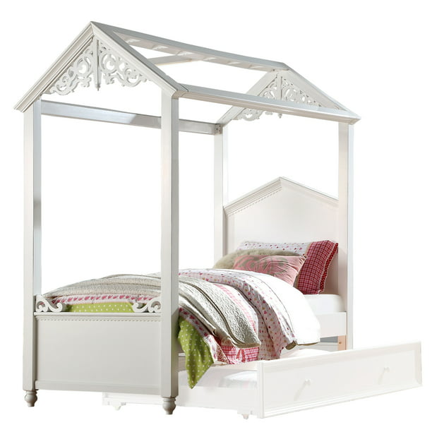 Cottage Design Twin Size Wooden Canopy, White Four Poster Twin Bed Dimensions