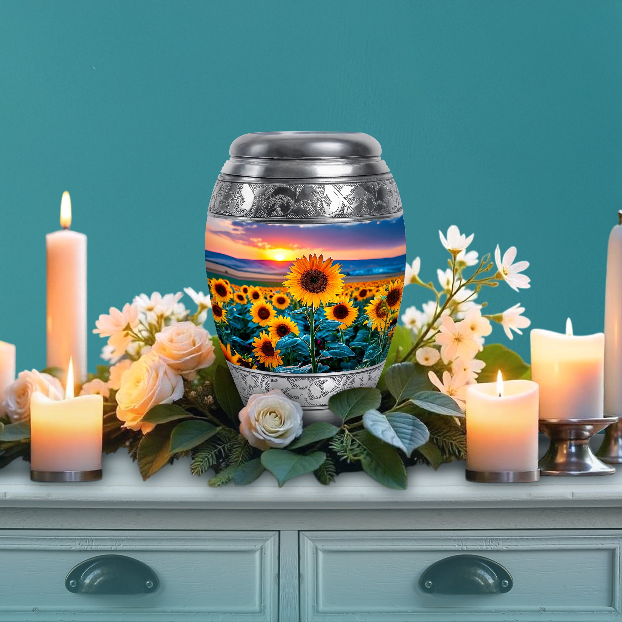 SABURIAL Sunflower Urn - Large Memorial Urn - Small Keepsake Urns For Human Ashes - Combo Of 10 Inch & 3 Inch - Mini Urns For Human Ashes Adult Male Burial