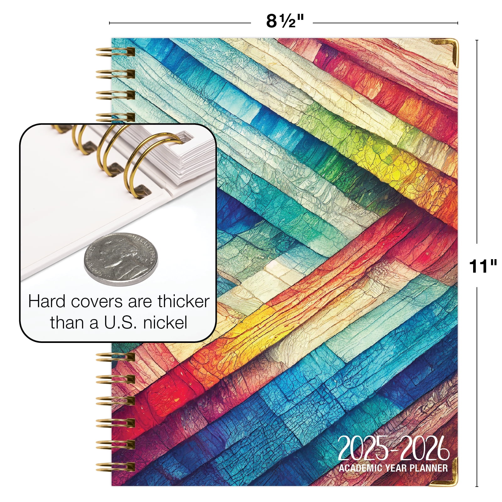 Academic Year 2025-2026 Planner, June 2025 - July 2026, 8.5"x11" Daily Weekly Monthly Planner Yearly Agenda, Hardcover, Bookmark, Pocket Folder and Sticky Note Set (Rainbow Oak)