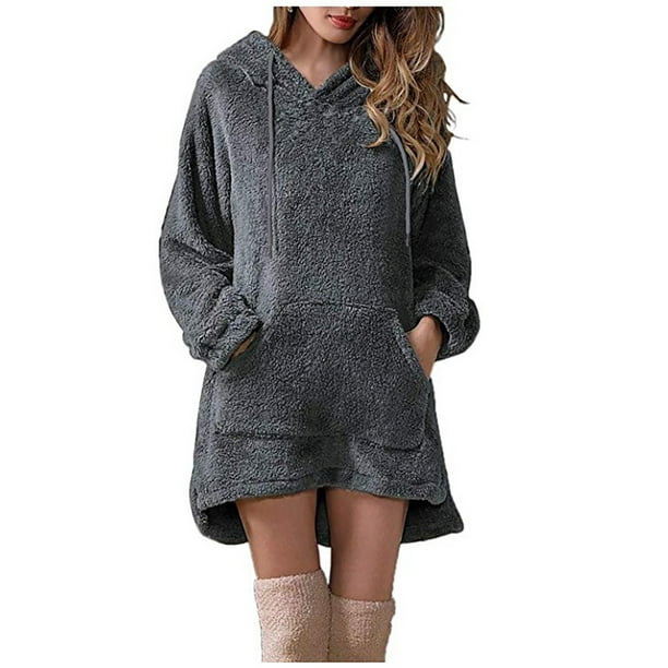XZNGL Plus Size Clothes for Women Womens Fashion Solid Color Warm Plush  Plus Size Hooded Pocket Jacket Dress Plus Size Women Plus Size Dress for  Women Plus Dress for Women Plus Size 