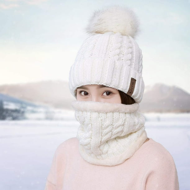 AIMTYD Bonnet à pompon pour femme avec écharpe et bonnet de ski d'hiver  mignon avec doublure en polaire Blanc 