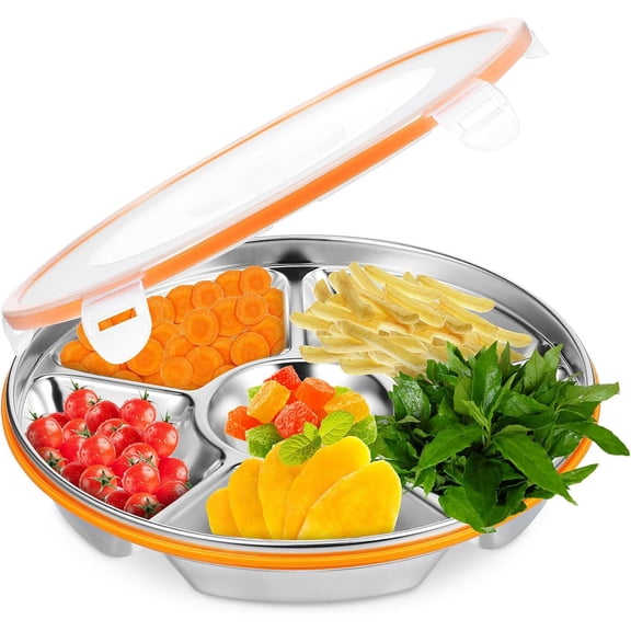 ABCISI Divided Serving Tray with Lid, 6 Compartments Snack Tray Stainless Steel Vegetable Tray for Party Platter Snack Box Container Fruit Trays Veggie Tray, 26.00X26.00X5.50CM