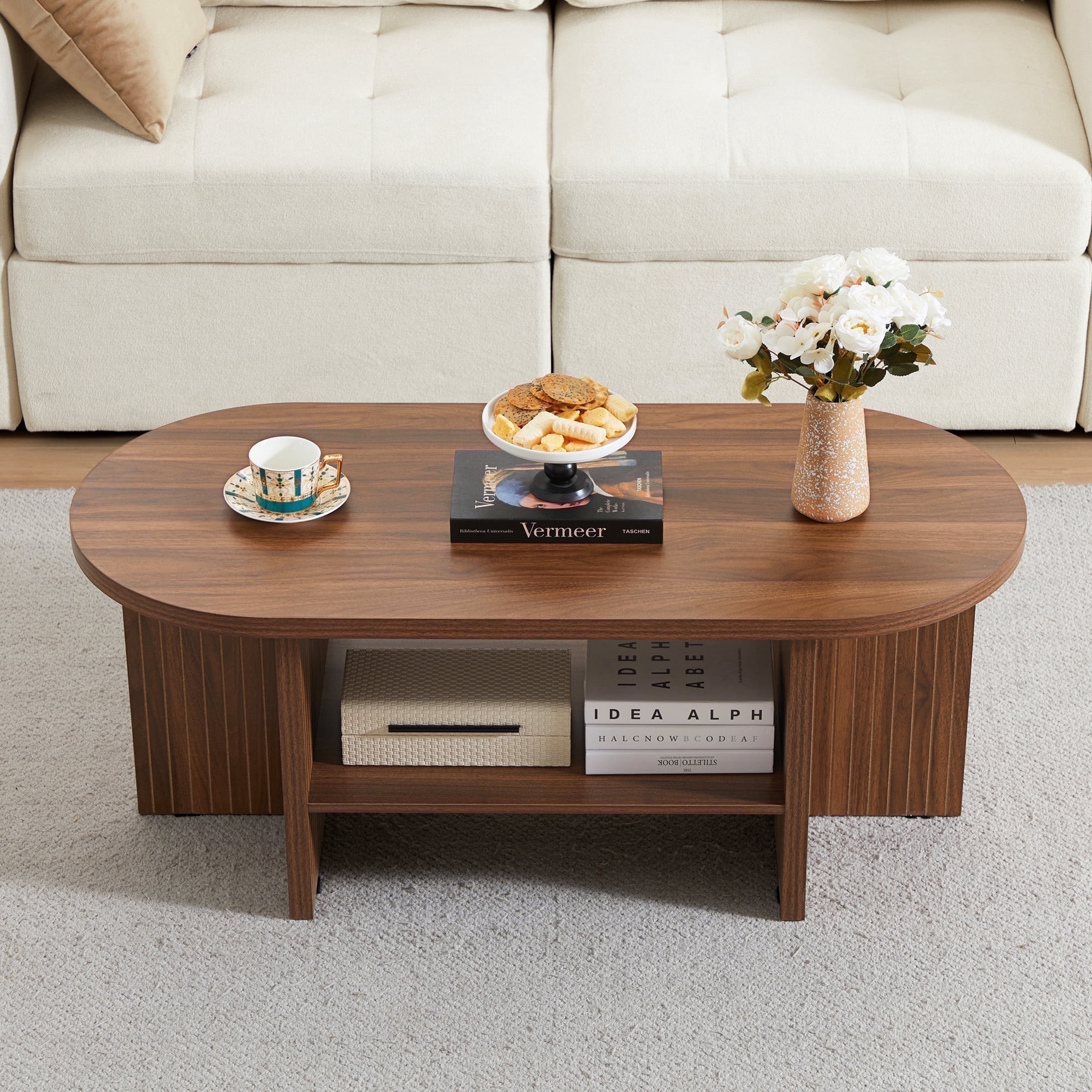 Wirrytor 43.3” Oval Coffee Table, Farmhouse Coffee Tables for Living Room Small, Fluted Coffee Table with Open Storage Shelf, Wood Center Table for 2-Tier Coffee Table, Walnut