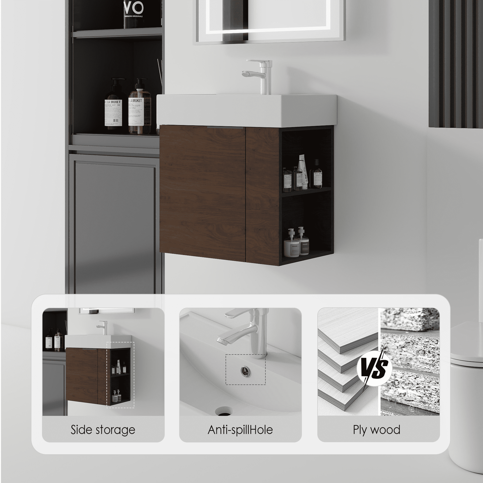 Leumius 21.6" Floating Bathroom Vanity with Ceramic Sink,Floating Bathroom Sink Cabinet for Small Space,Bathroom,Brown