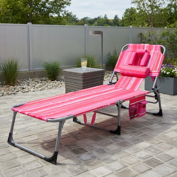 GVN Chaise Lounge Outdoor, Lounge Chair Outdoor,Folding Beach Lounge Chair with Pillow for Outdoor-Pink and White