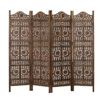 71 Inch 4 Panel Mango Wood Room Divider Hand Carved Sun and Moon Design Brown - Saltoro Sherpi