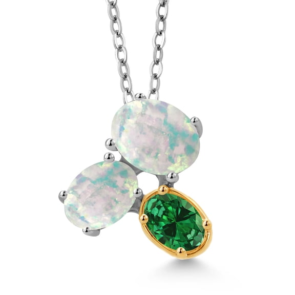 925 Silver and 10K Yellow Gold White Opal and Green Created Emerald Pendant Necklace for Women (2.35 Cttw, Oval Cabochon 8X6MM, 7X5MM and 6X4MM, Gemstone October Birthstone, with 18 inch Chain)