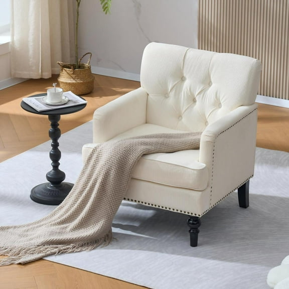 Mid Century Modern Tufted Club Chair - Beige Linen Fabric Accent Chair with Lumbar Pillow, Upholstered Button Armchair & Studded Details for Living Room/Bedroom