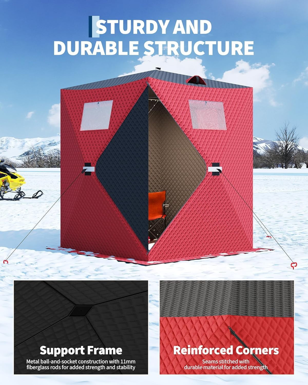 Lumiparty Pop Up Ice Fishing Tent Fully Insulated, Portable 1-2 Person Ice Fishing Shelter, Waterproof Oxford Fabric, Winter Windproof Hut Snow Hub with Anchors, Ropes & Carry Bag, Red & Black