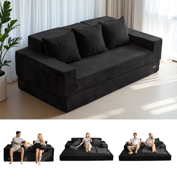 BYBYME Convertible Sofa Bed,Folding Lounger 4-in-1 Boneless Sofa with 3 Pillows and 2 Cup Holders,Floor Sofa for Small Spaces Such as Living Rooms,No Assembly Required,3 Seater,Black