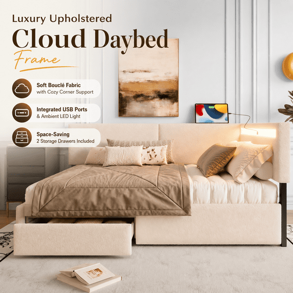 Full Size Upholstered Daybed, 2 Drawers, USB, LED, Right Headboard, Beige