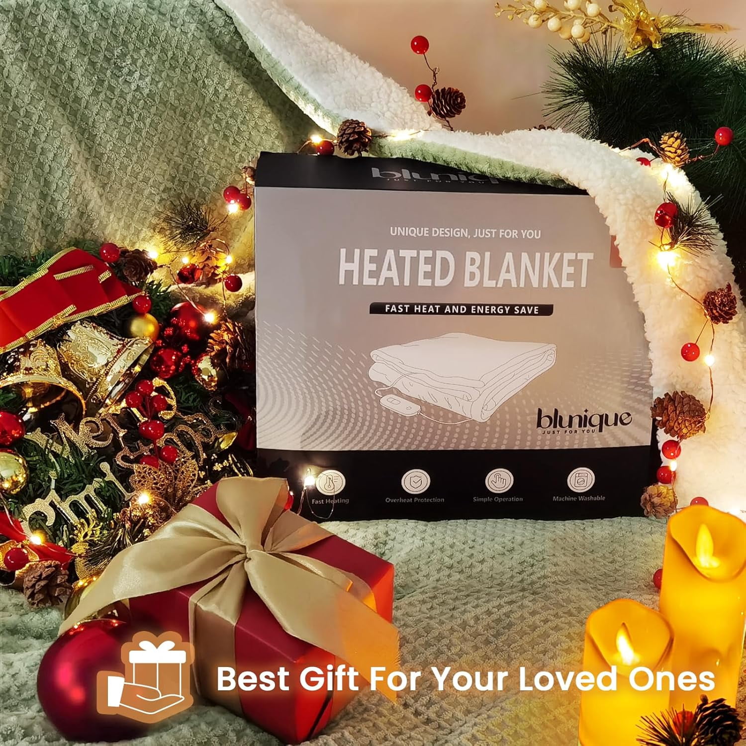 BAO Heated Blanket Electric Blanket King Waffle, 90x100 Inches Dual Controllers Sherpa Fleece Fast Heating Blanket 6 Heating Levels & 10 Hours Auto Off ETL Certification, Sage King