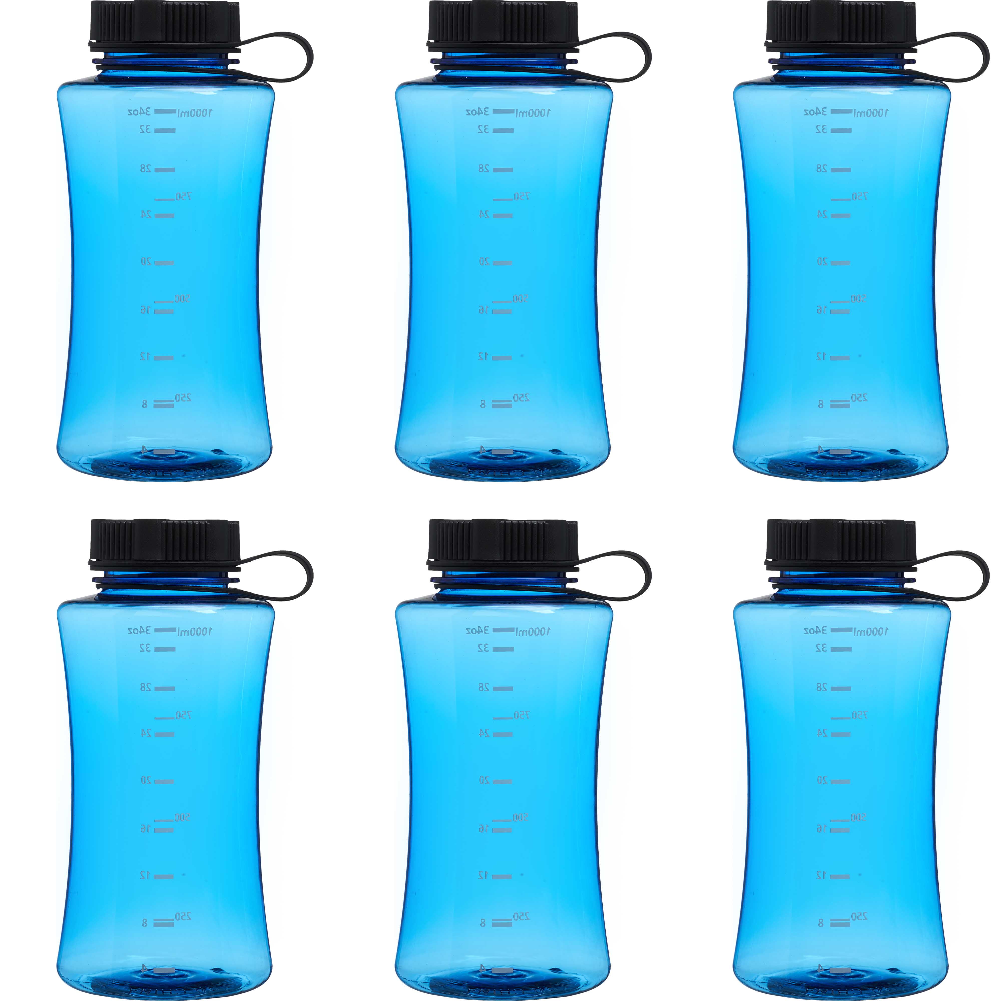 6 Plastic Sports Bottles Set, 34 oz. BPA Free, Tritan, Screw on Lid