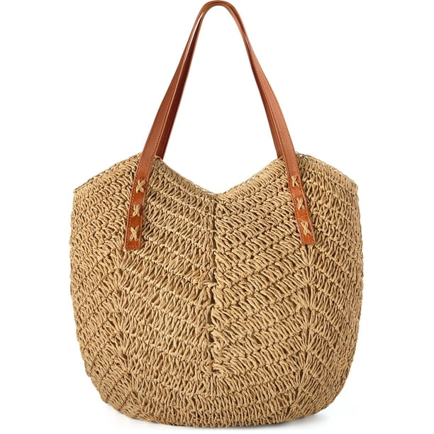 Bolsa de playa de paja Loiyadn, grande, para mujer, con cremallera, color caqui