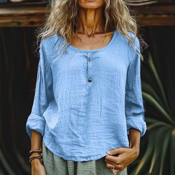 Tops bonitos para adolescentes,Camiseta de mezcla de lino para mujer, cuello redondo, botones, manga larga, camisa informal de color liso para uso diario, sopatenor