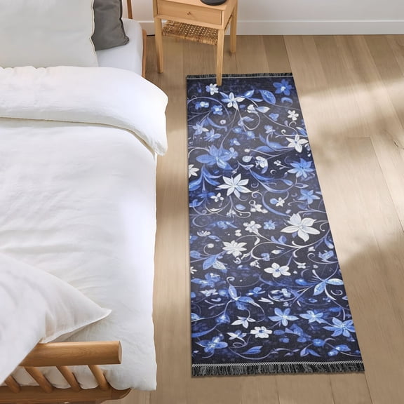 Blue Floral Pattern on Dark Bedroom Runner Rug 2'x 6' Non Slip Carpet Indoor Home Area Rug Living Room