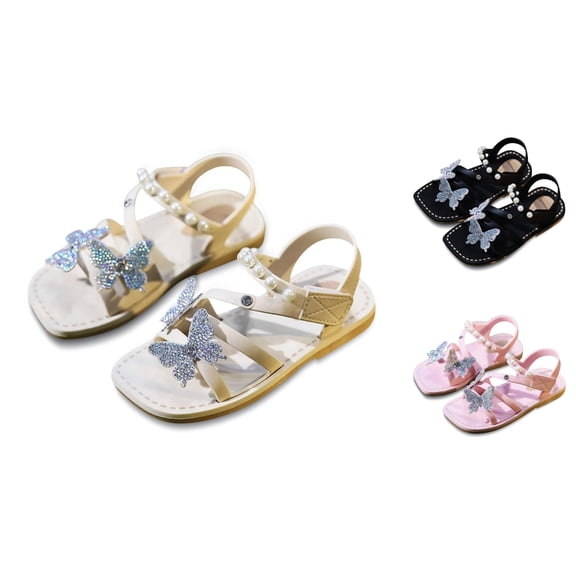 Gyujnb Toddler Girls Glitter Butterfly Sandals Pearl Strap Adjustable Buckle for Party Beach & Summer Casual Wear,8-9.5 Years