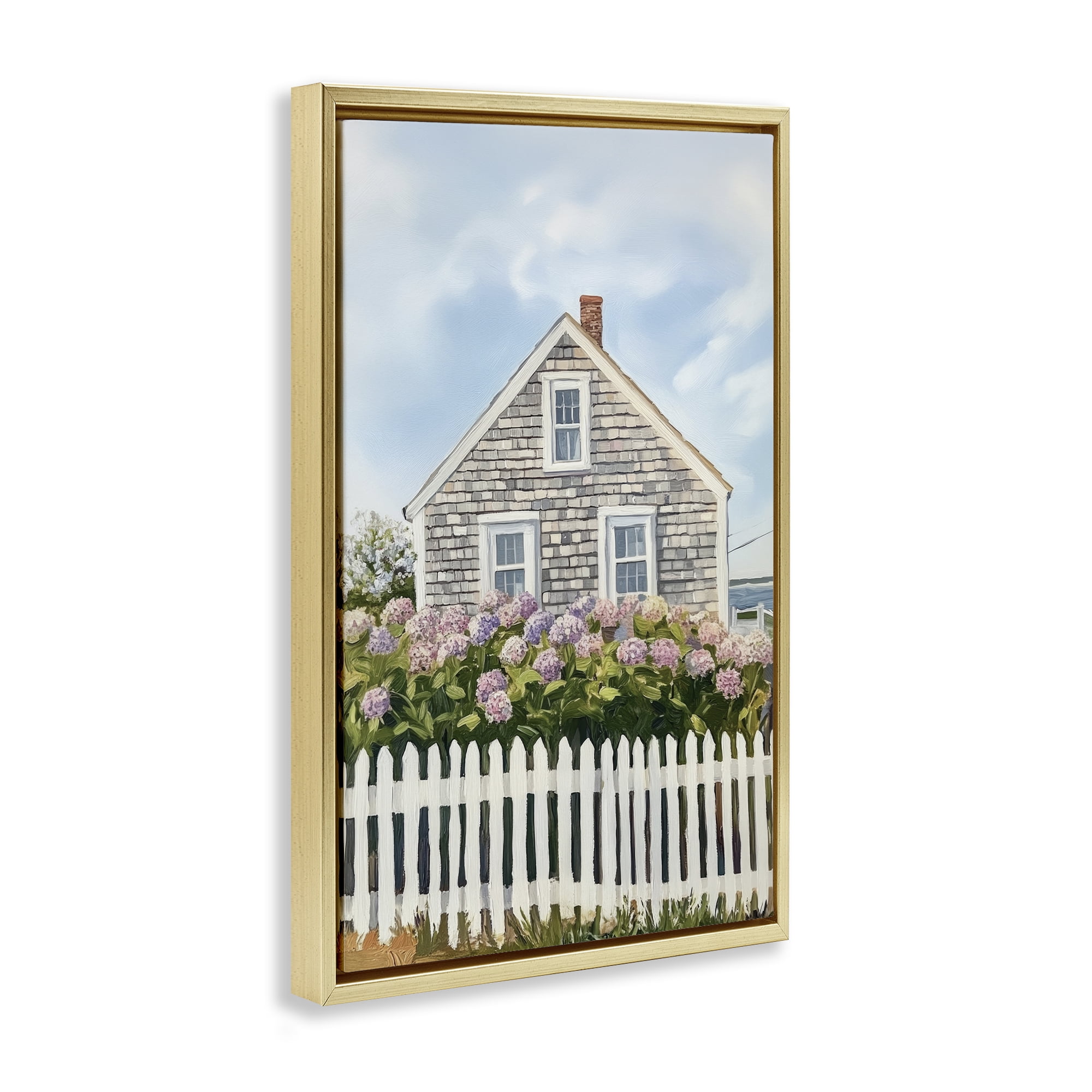 Stupell Industries Coastal Cottage Hydrangea Garden Gold Framed Floater Canvas Wall Art, design by Sisi and Seb
