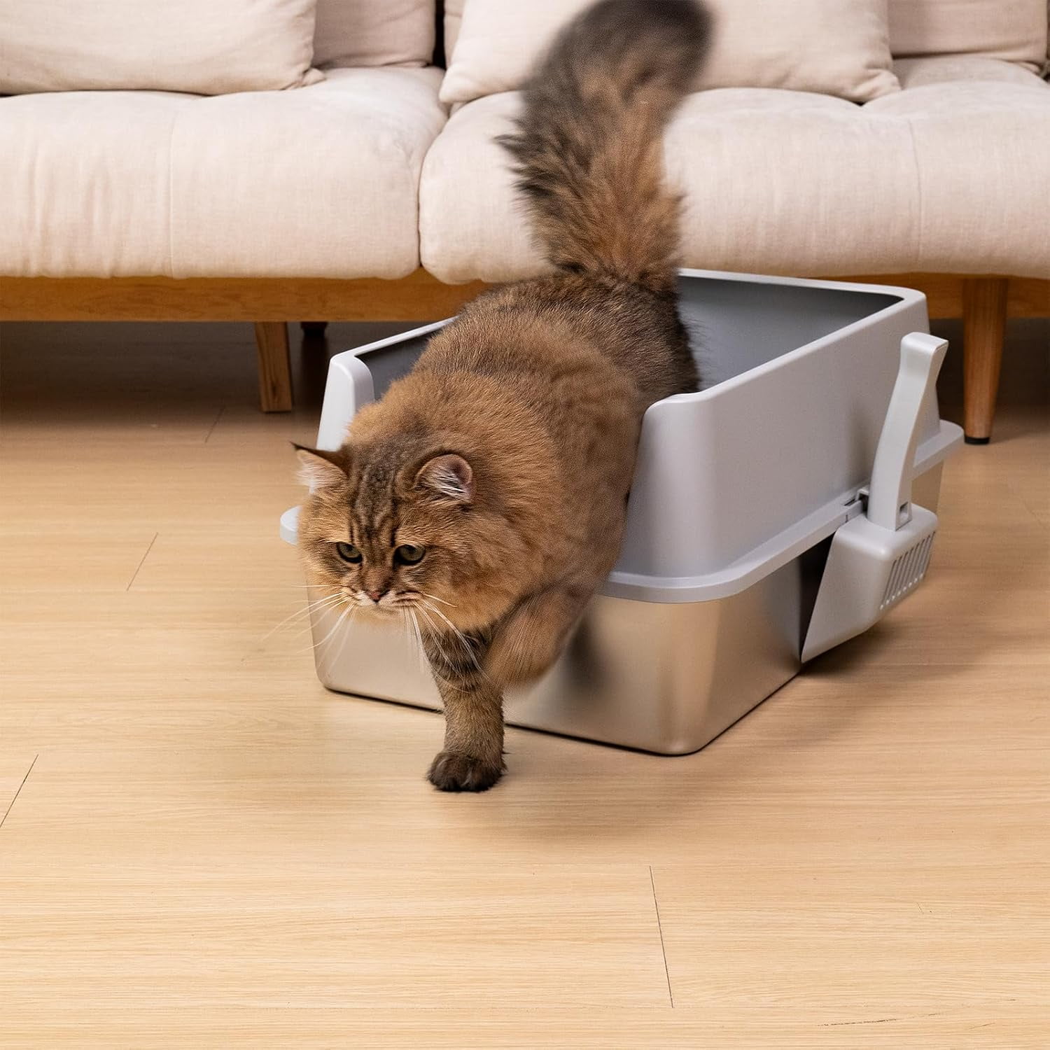 Extra Large Stainless Steel Litter Box with Lid, High Sided Design Includes Mat and Scooper, Easy Clean Non-Stick Odor Control