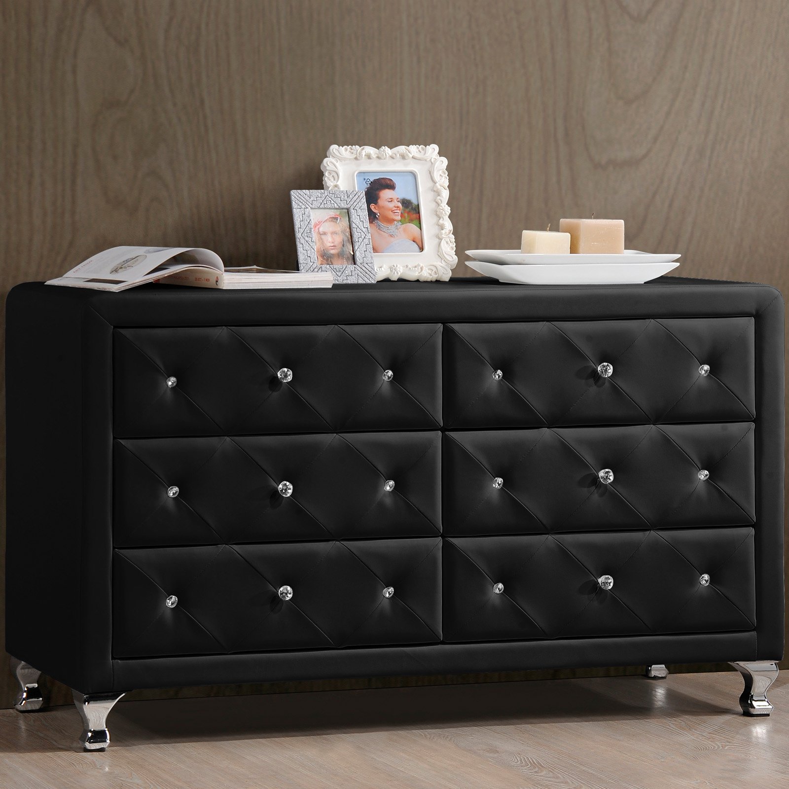Baxton Studio Stella Crystal Tufted Upholstered 6 Drawer Modern Dresser