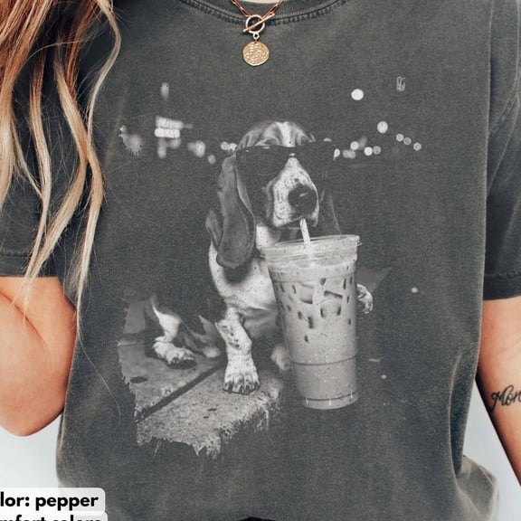 Basset Hound Shirt Funny Dog Drinking Iced Coffee Tshirt Dog Shirt Dog Dad Unisex Tee Houn