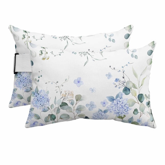 Outdoor Lumbar Pillow for Chaise Lounge Chair 2 Pack Blue Floral Hydrangeas Decorative Headrest Pillow with Adjustable Strap Rustic Green Leaves Cushion for Patio Recliner Office Sofa 12x20in