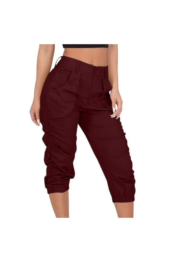 Womens High Waist Button Pant Comfy Quick Dry Harem Capris Elastic Casual Fitting Pants Workout Knee Length Pants With Pockets Solid Wine XXL