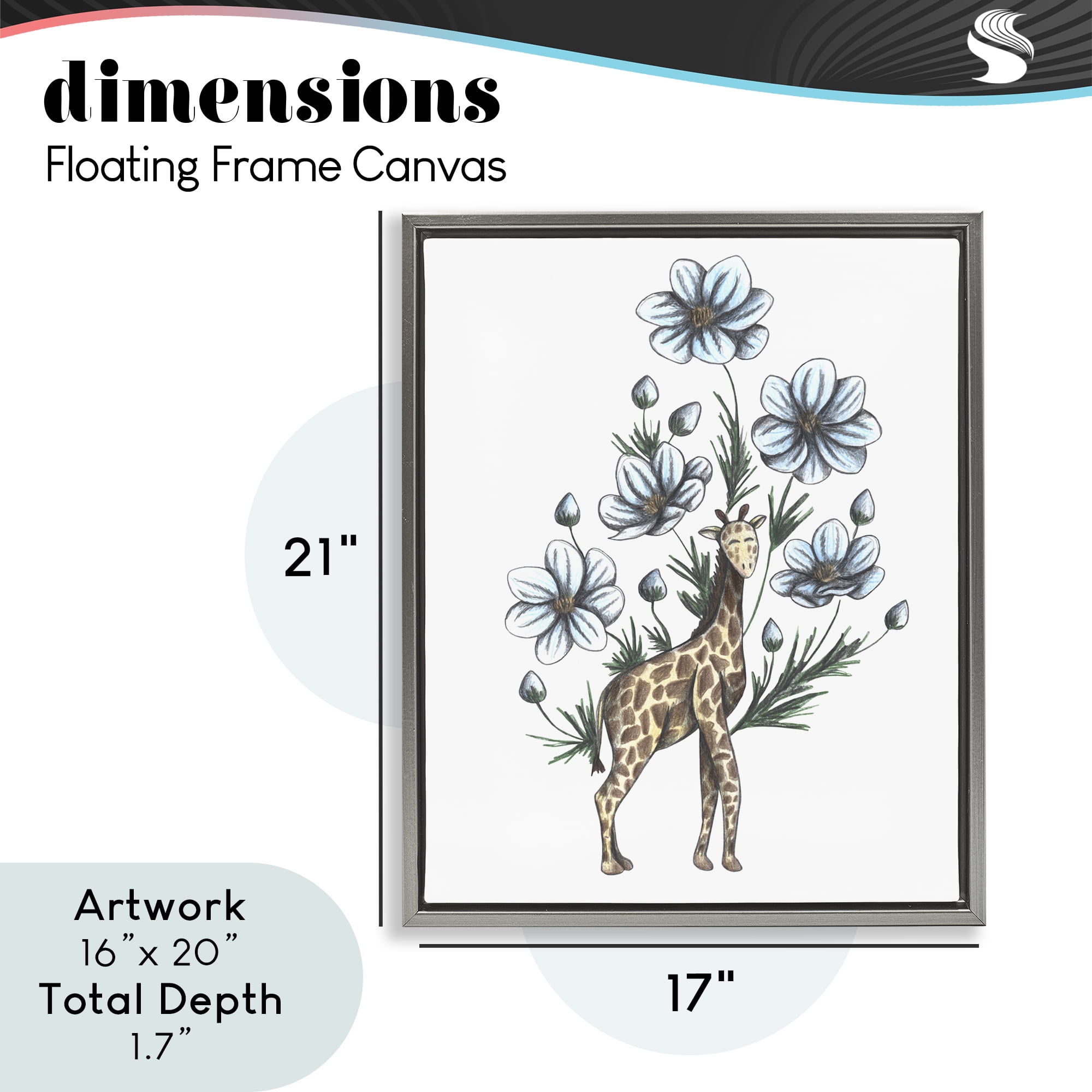 Giraffe with Flower Blossoms Gray Framed Floater Canvas Wall Art, design by Cecilia Battaini