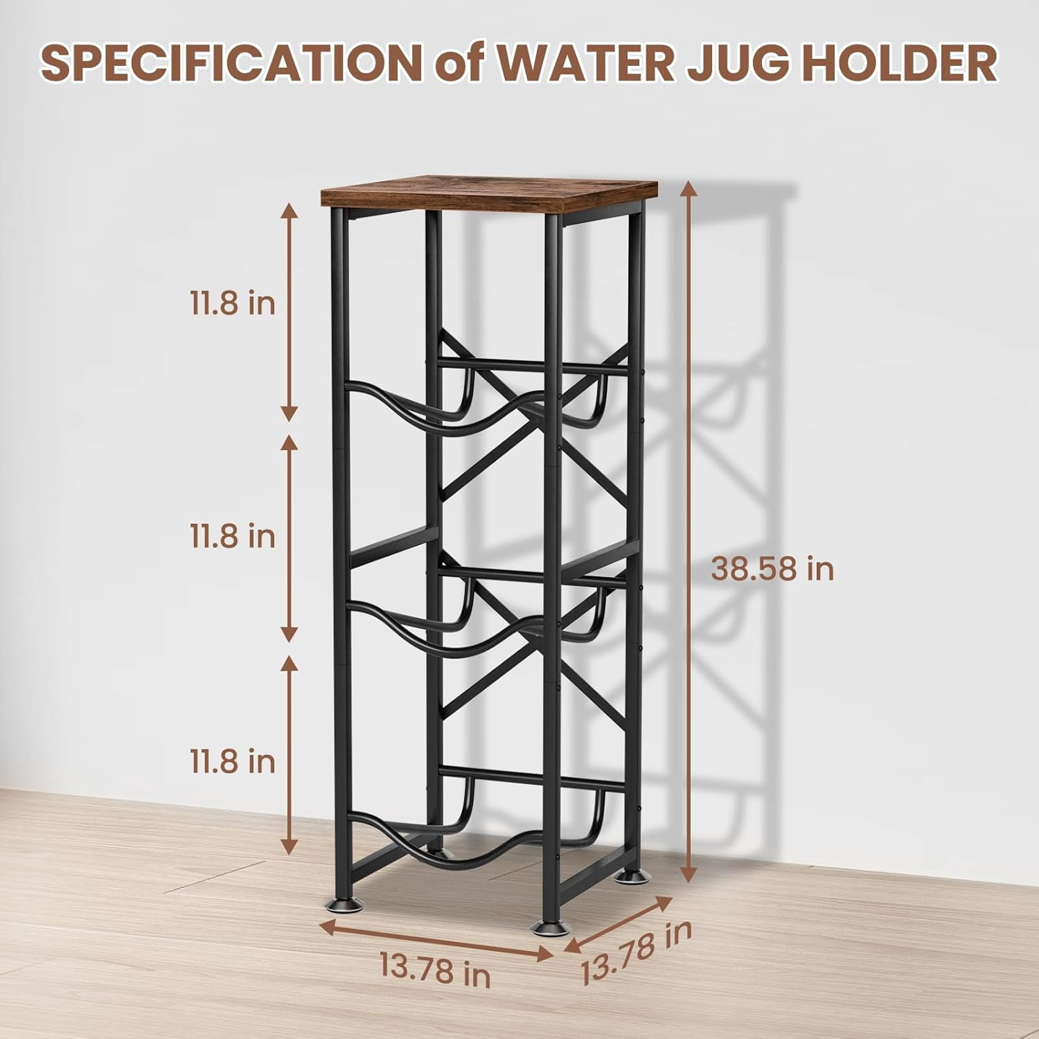 5 Gallon Water Jug Holder, 3-Tier Water Bottle Holder with Wood Top Shelf, Heavy Duty Water Cooler Jug Rack, Water Dispenser Storage Stand for Kitchen Office and Living Room
